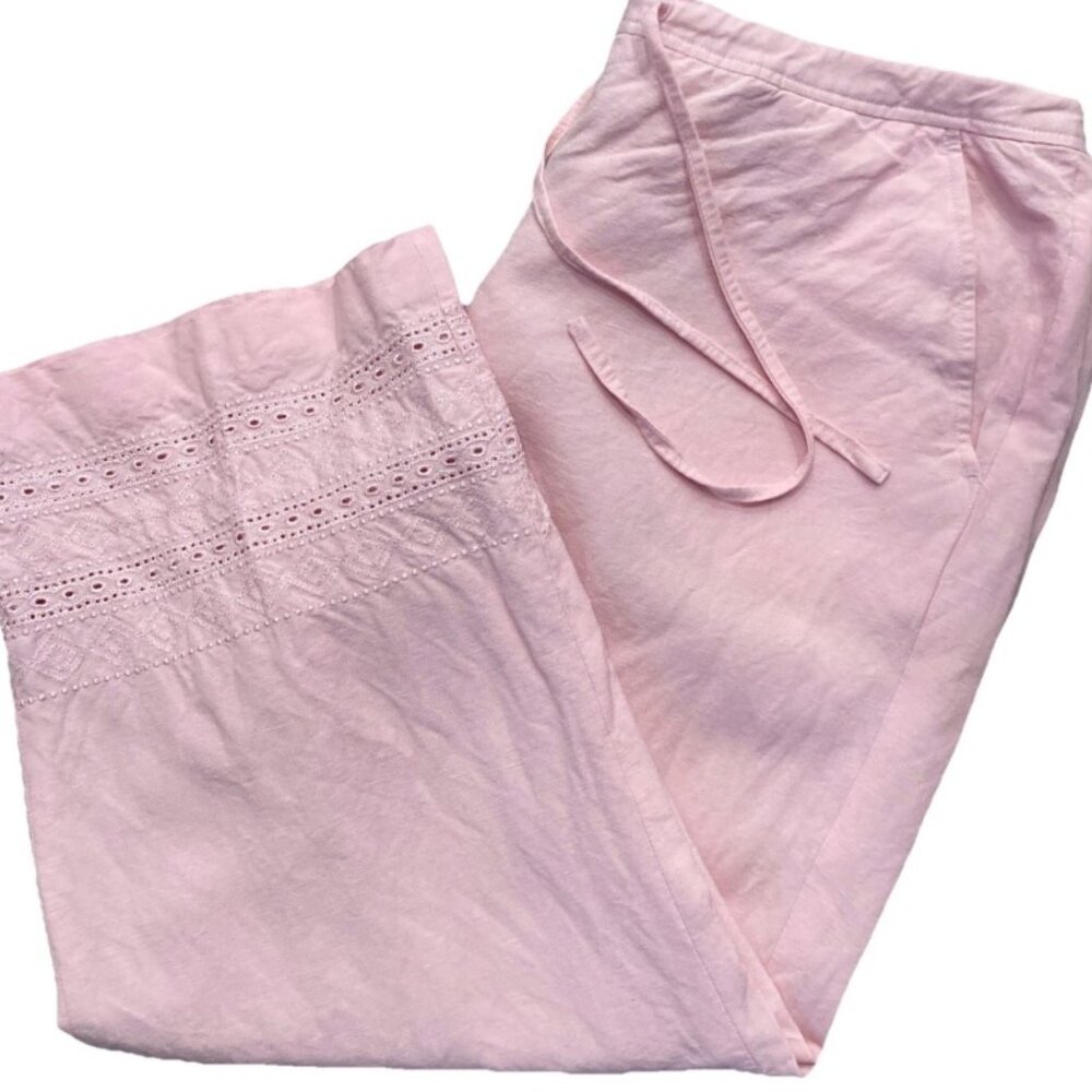 Larry Levine Linen Pants Size 12 Embroidery Pink Drawstring Lined Straight